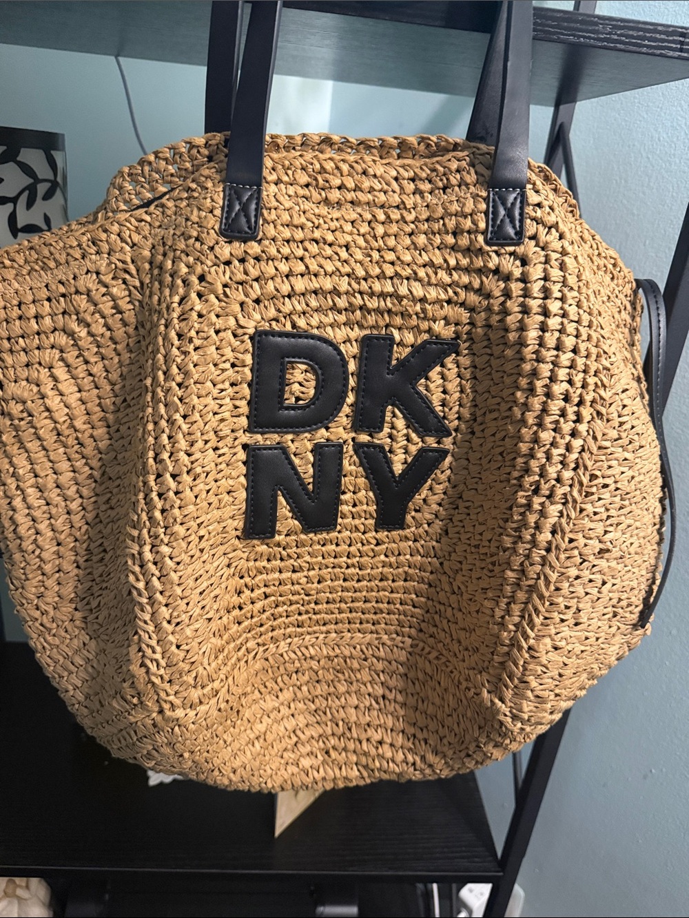 DKNY Tan Woven Straw Tote with Black Logo and Straps